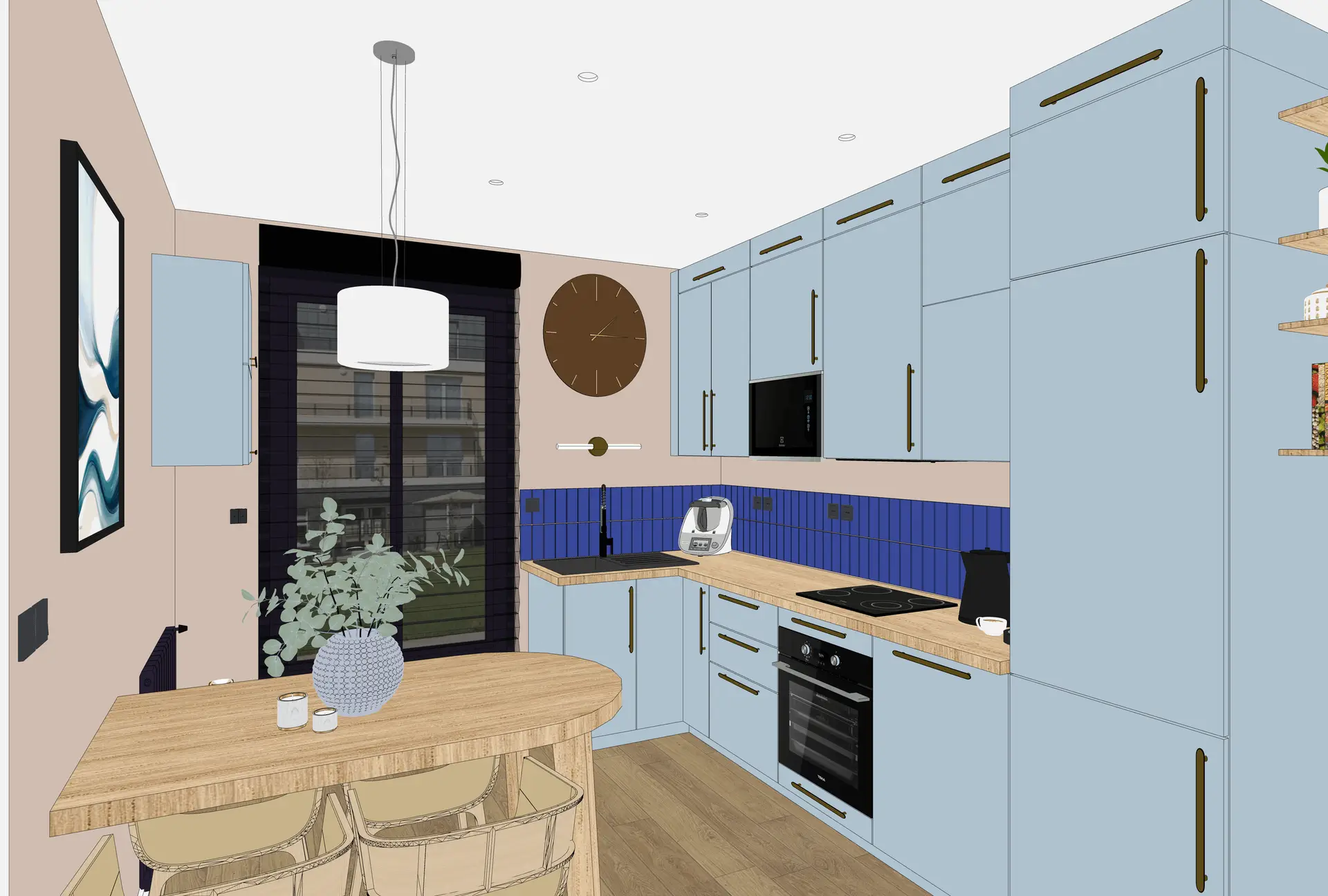 Cuisine bleue lumineuse avec crédence contrastée et mobilier sur mesure