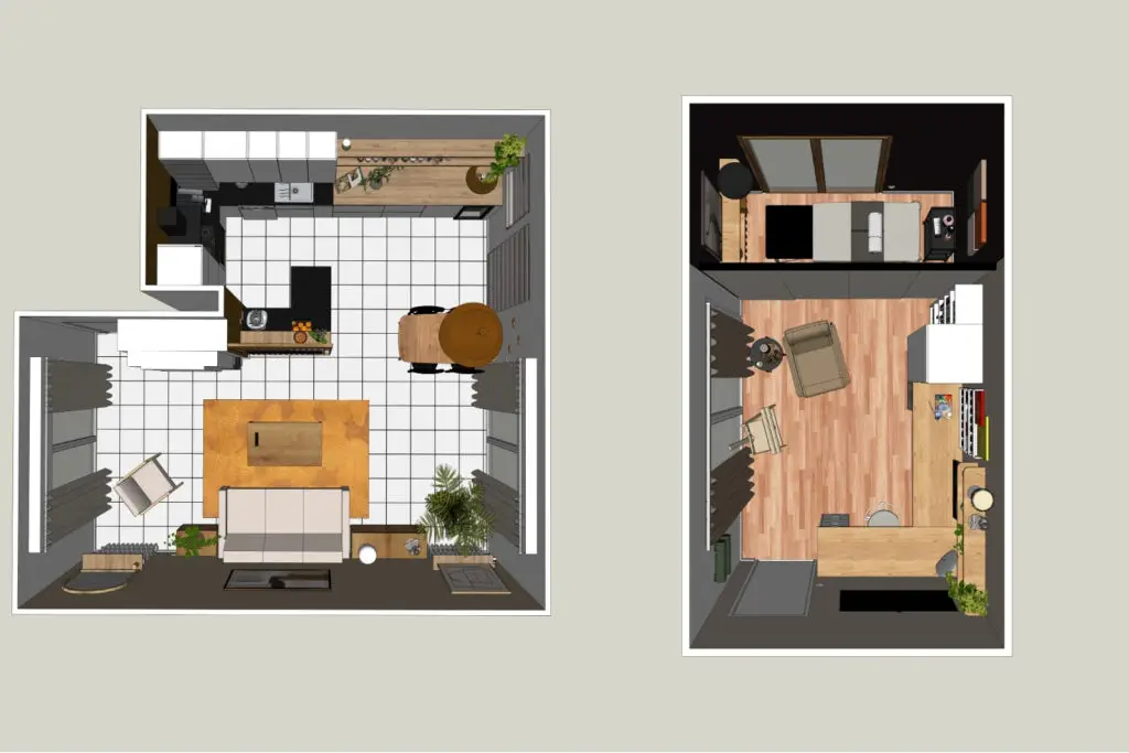 Vue d’ensemble 3D de l’aménagement intérieur pièce de vie et bureau à Lyon