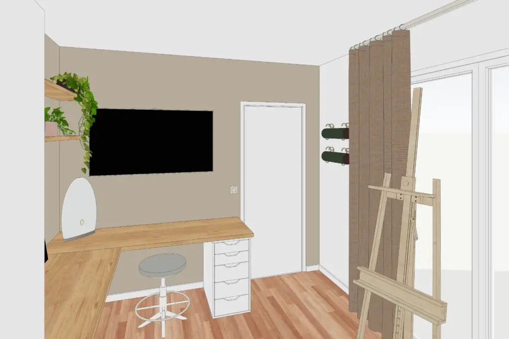 Vue sur le coin bureau avec TV et espace yoga