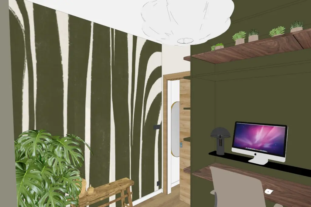 Espace bureau vert avec bibliothèque et coin de travail, appartement rénové à Eaubonne