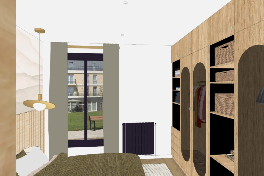 Chambre rénovée avec dressing bois sur-mesure et lit double, appartement Eaubonne