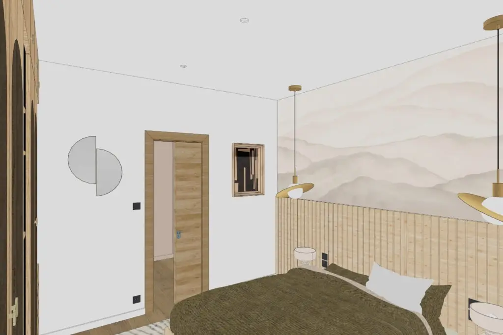 Chambre rénovée style Japandi, tête de lit bois et suspensions design, appartement Eaubonne