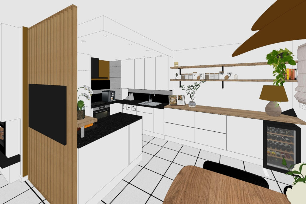 Cuisine ouverte avec claustra bois et bar dans le projet Charlisse