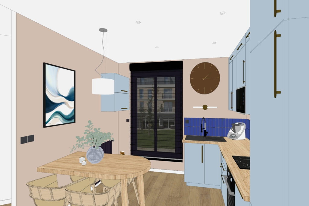 Cuisine rénovée dans un appartement 70 m² à Eaubonne, meubles bleus et plan bois clair