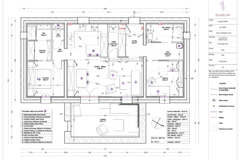 Plan d’aménagement intérieur de la maison rénovée à Zonza
