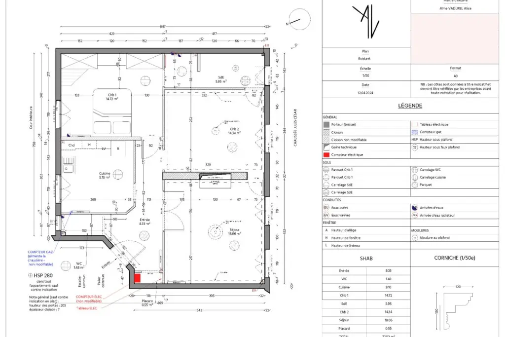 Plan existant de l’appartement 70 m² à Eaubonne avant rénovation