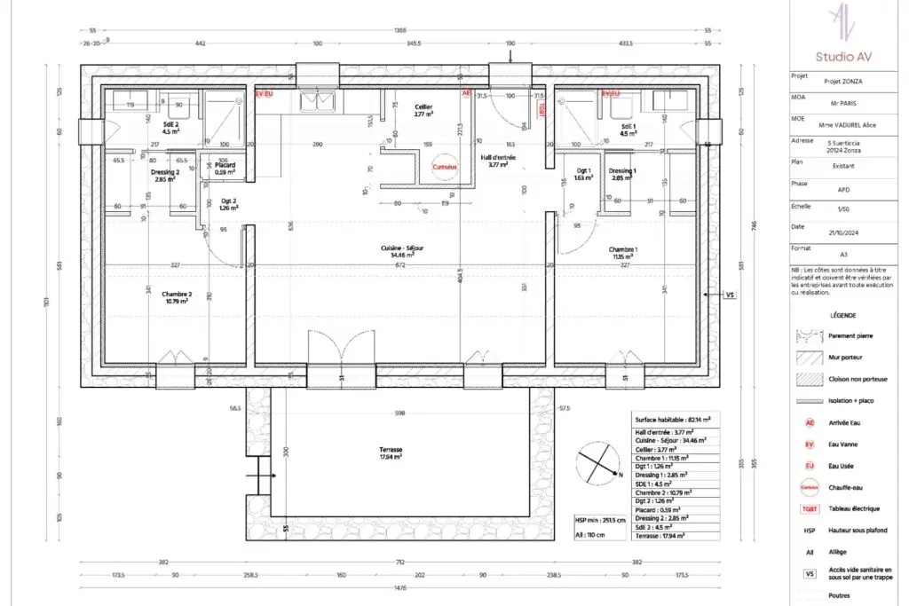 Plan existant d’une maison de plain-pied de 82 m² à Zonza avant rénovation