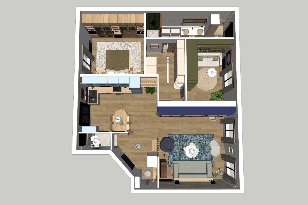 Vue d’ensemble 3D de la rénovation d’un appartement 70 m² à Eaubonne, agencement optimisé