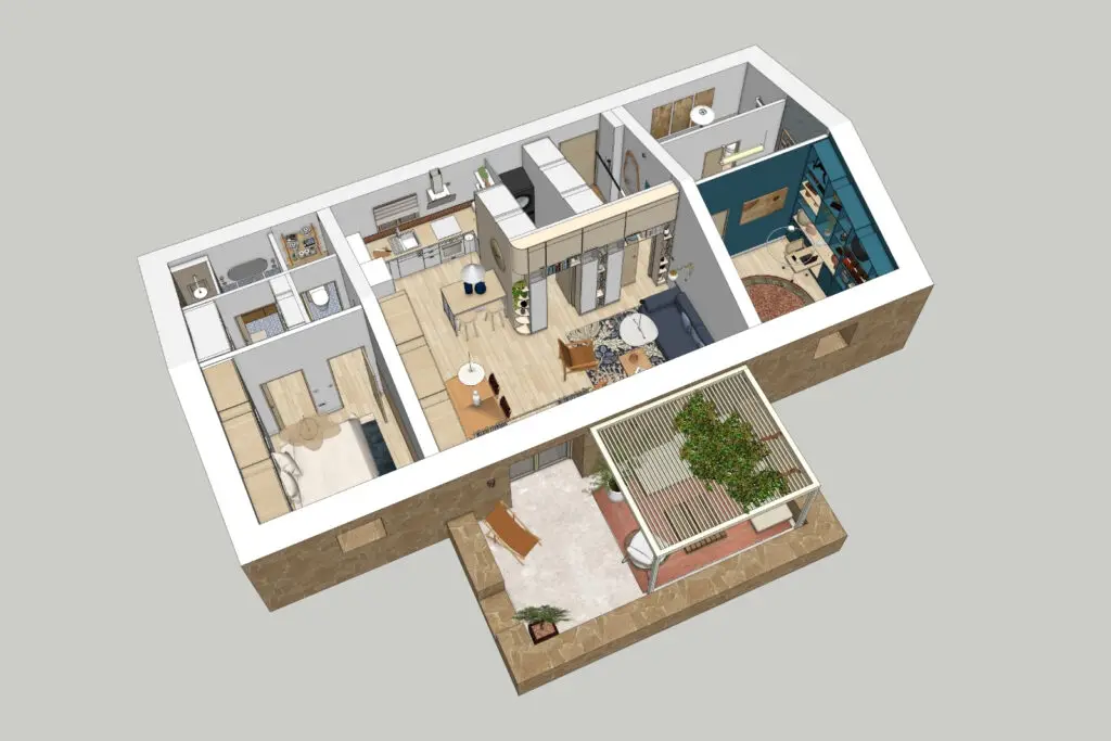 Vue 3D de la rénovation complète d’une maison avec espace professionnel à Zonza, Corse du Sud