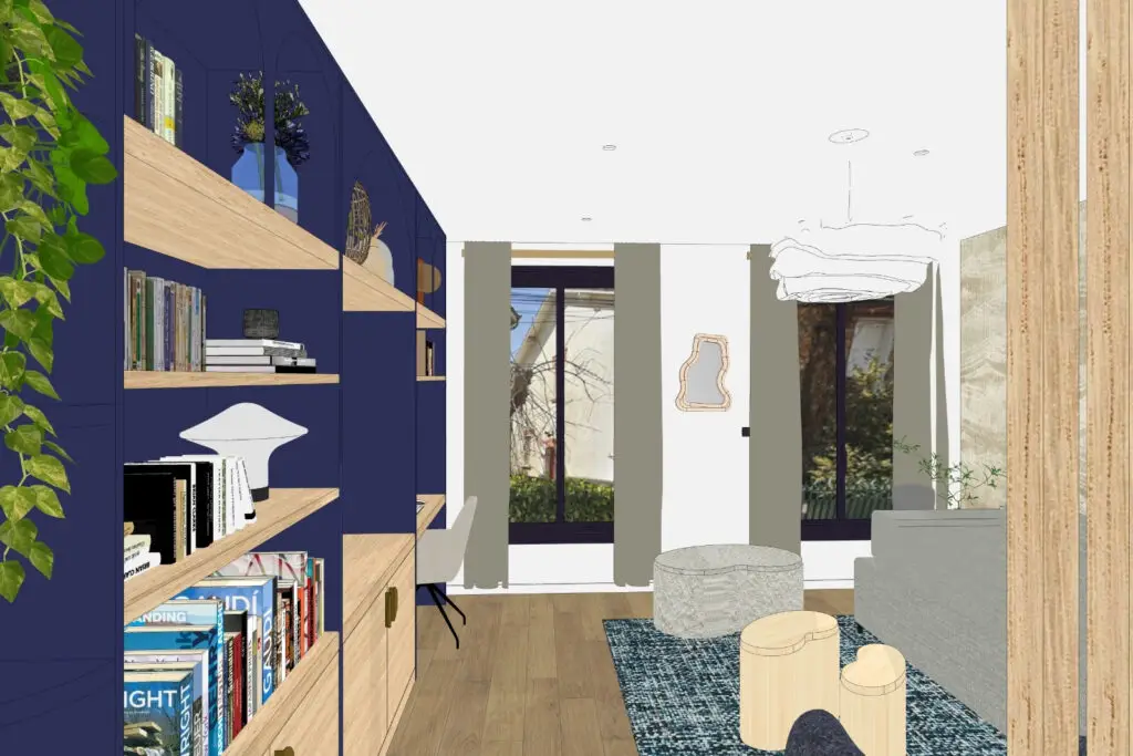 Salon rénové avec bibliothèque sur-mesure bleue et coin bureau, appartement 70 m² à Eaubonne