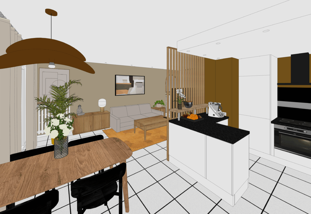 Pièce de vie du projet Charlisse – décoration naturelle et optimisation d’espace