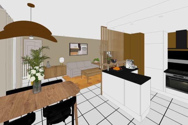 Pièce de vie du projet Charlisse – décoration naturelle et optimisation d’espace