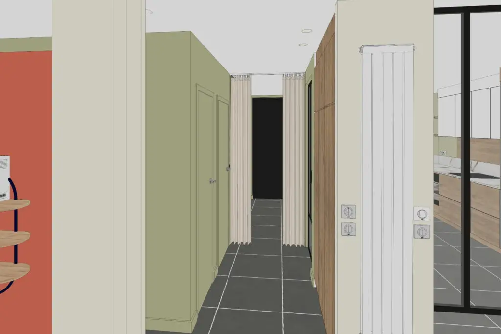 Vue 3D de l’entrée rénovée avec placards sur mesure et rideau