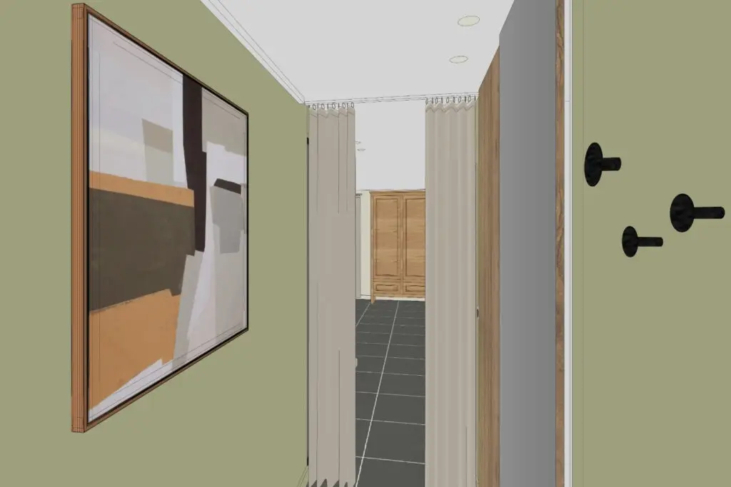 Vue 3D de l’entrée avec placards et miroir côté circulation