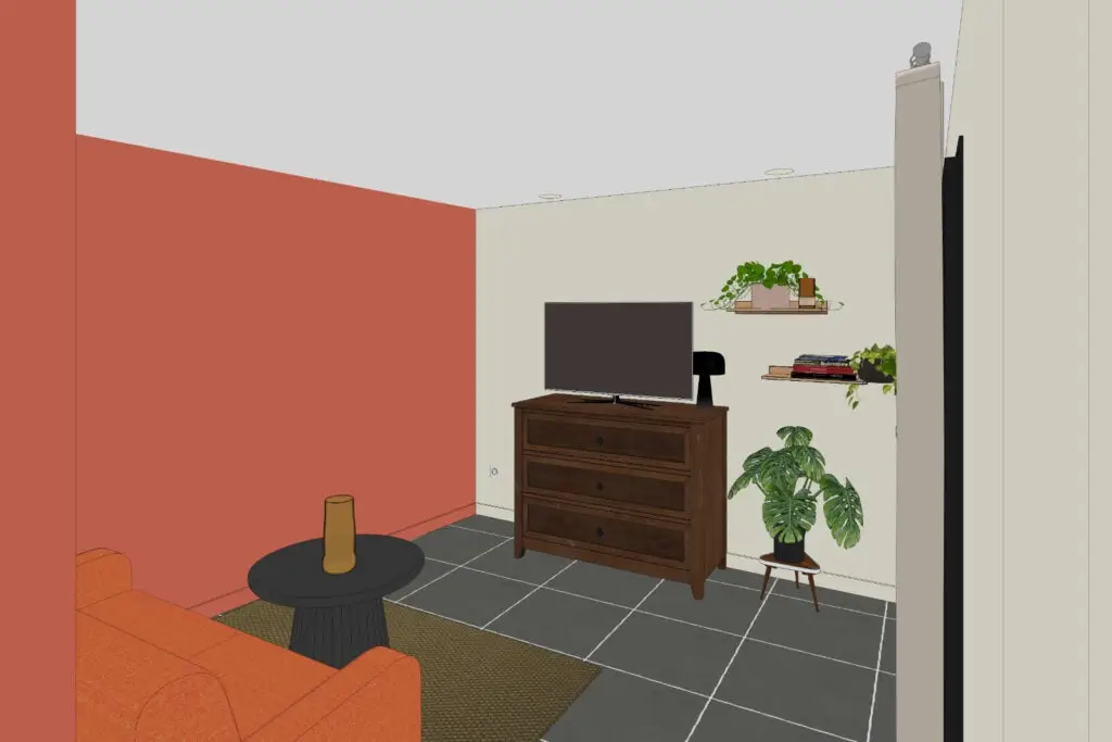 Vue 3D du petit salon cosy avec canapé et décoration murale