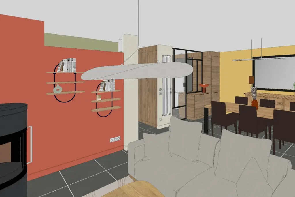 Vue 3D reliant petit salon et salle à manger rénovée