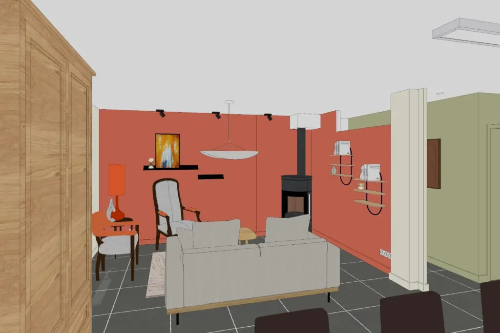 Vue 3D du salon rénové avec poêle et murs colorés