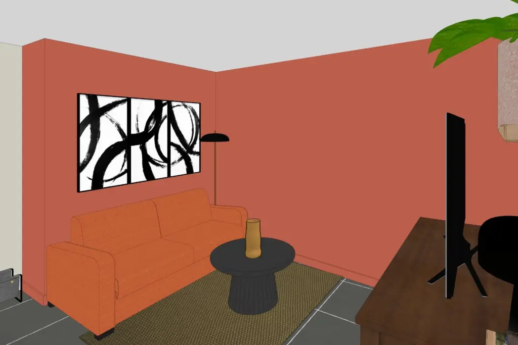 Vue 3D du salon rénové avec canapé et mur terracotta