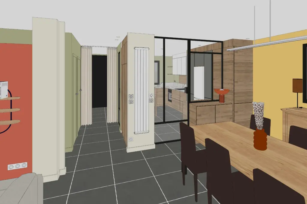 Vue 3D de la salle à manger rénovée avec table en bois et buffet