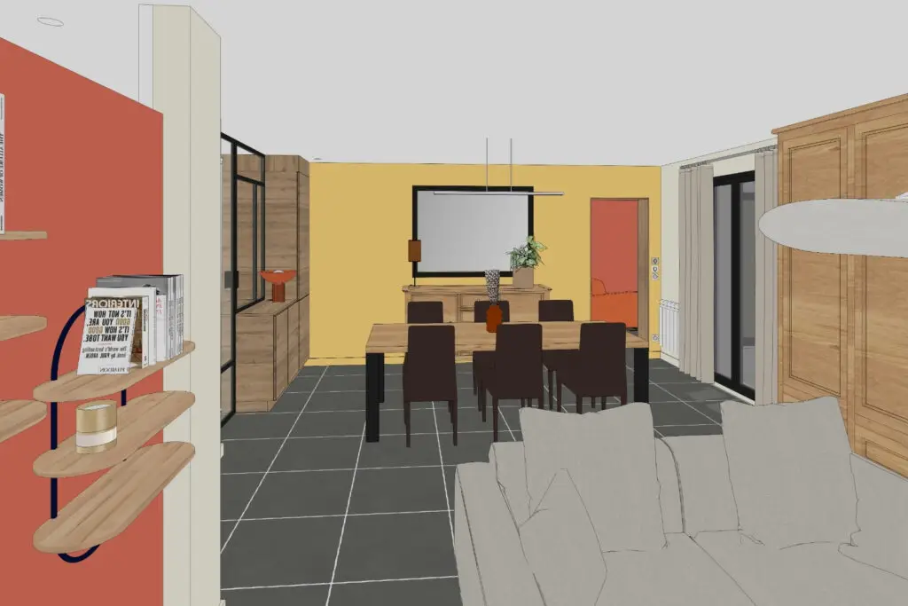 Vue 3D reliant salle à manger, entrée et cuisine rénovée