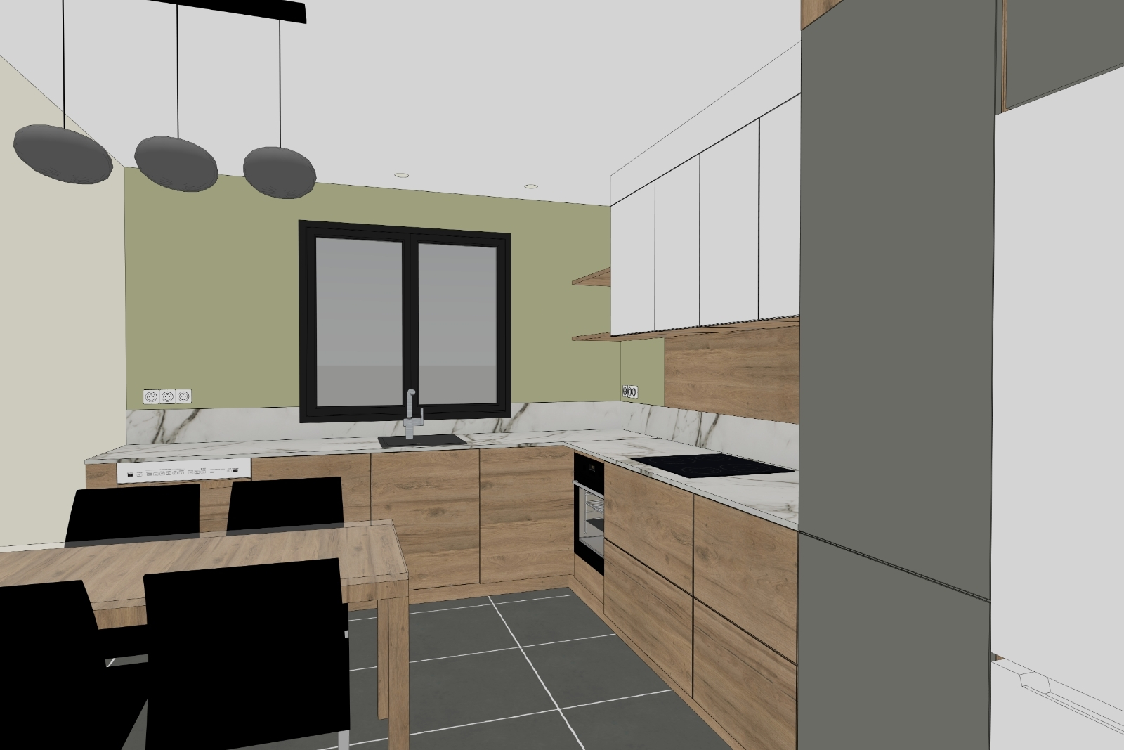 Projection 3D de la cuisine rénovée avec meubles bois et blanc