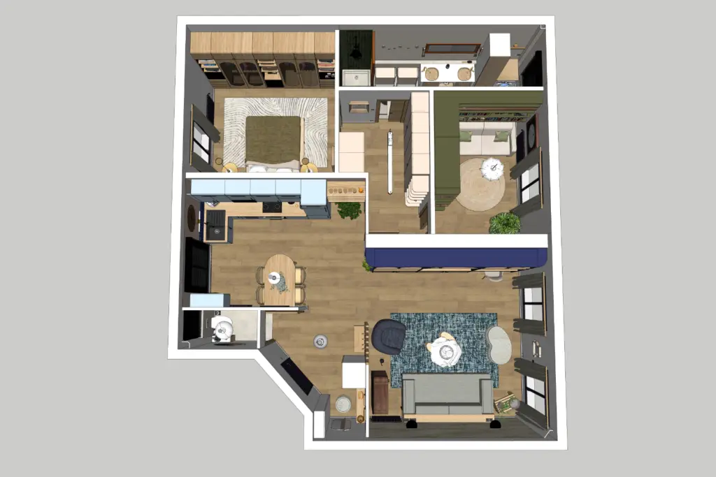 Vue 3D d’un projet d’aménagement intérieur réalisé par une architecte d’intérieur