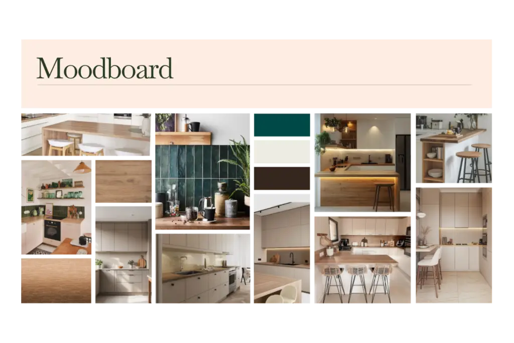 Moodboard d’une cuisine réaménagée par Alice, couleurs, matériaux et ambiance