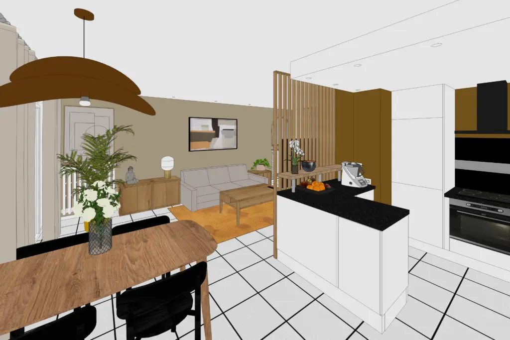 Visualisation 3D d’un projet de cuisine et séjour conçu par Alice
